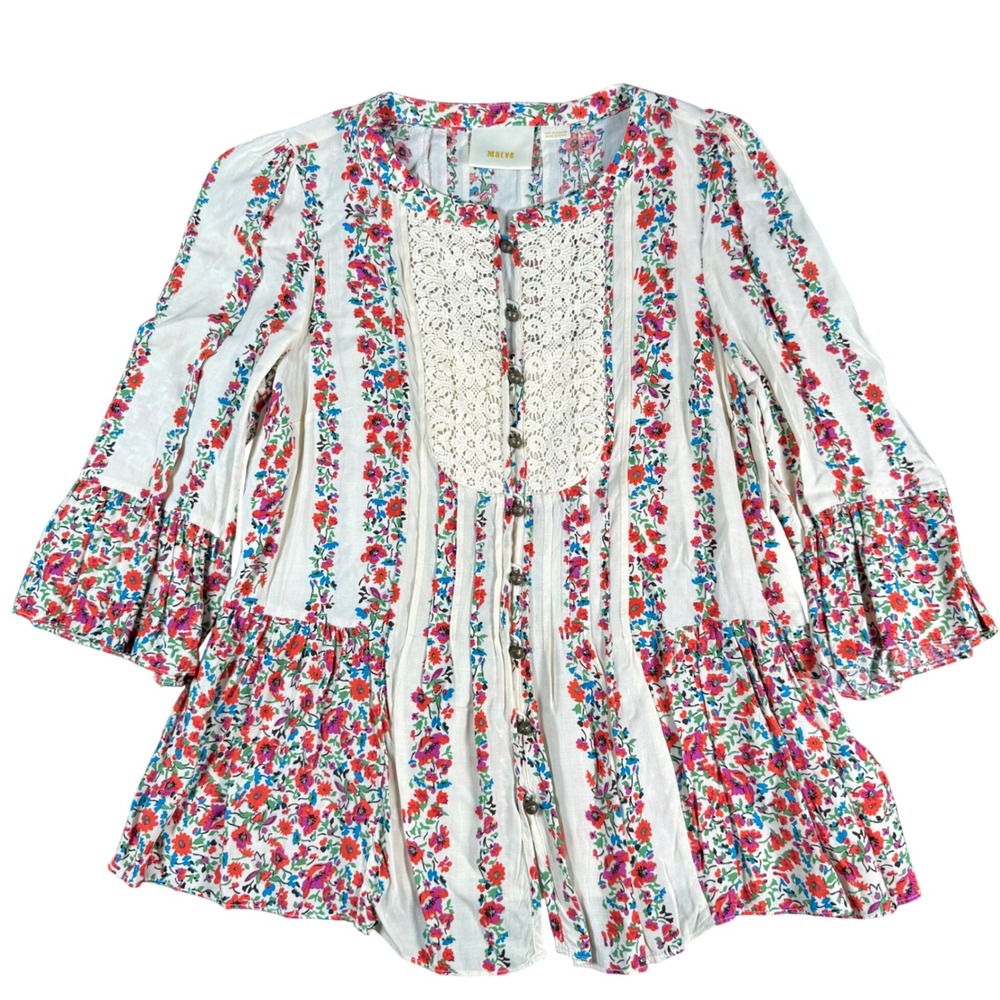 Maeve Floral Crochet Lace Peplum Blouse Women 4 White Bell Sleeve Boho Fairycore